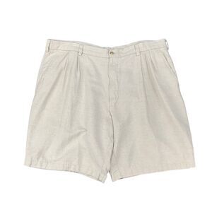Caribbean Pleated Shorts Mens 42 Cream Herringbone Pattern Linen Cotton Blend